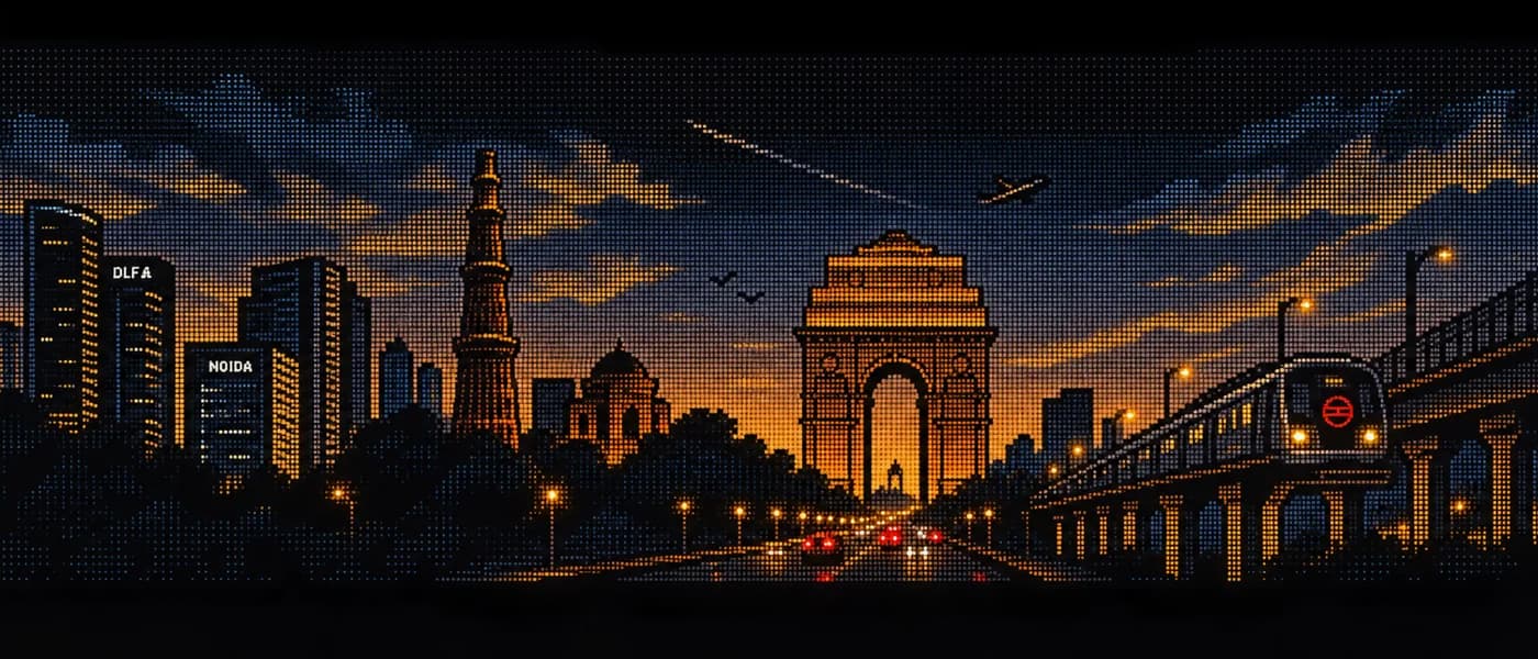 Delhi skyline rendered as a halftone dot matrix — India Gate, Qutub Minar and the Delhi Metro at dusk